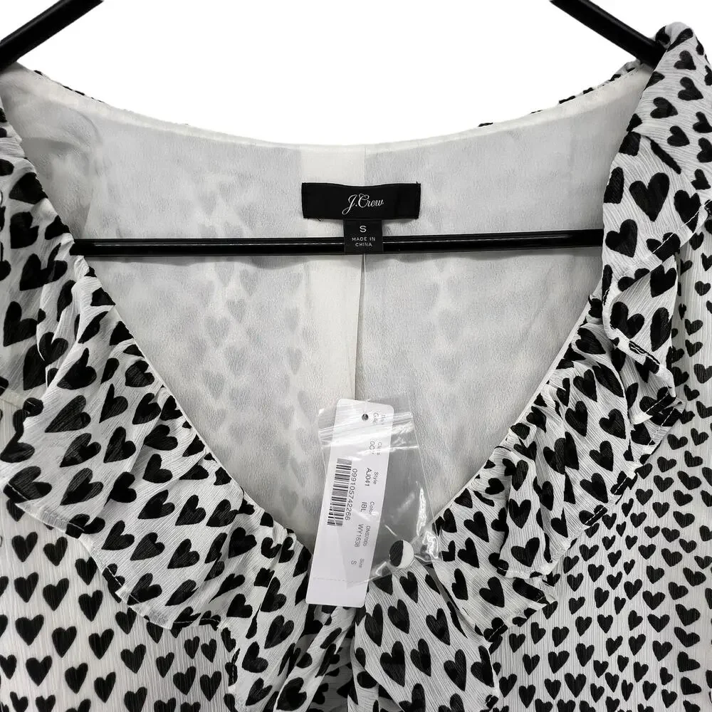 J Crew Size Small NEW Blouse Black Heart Print Valentines Day Ruffle Puff Sleeve